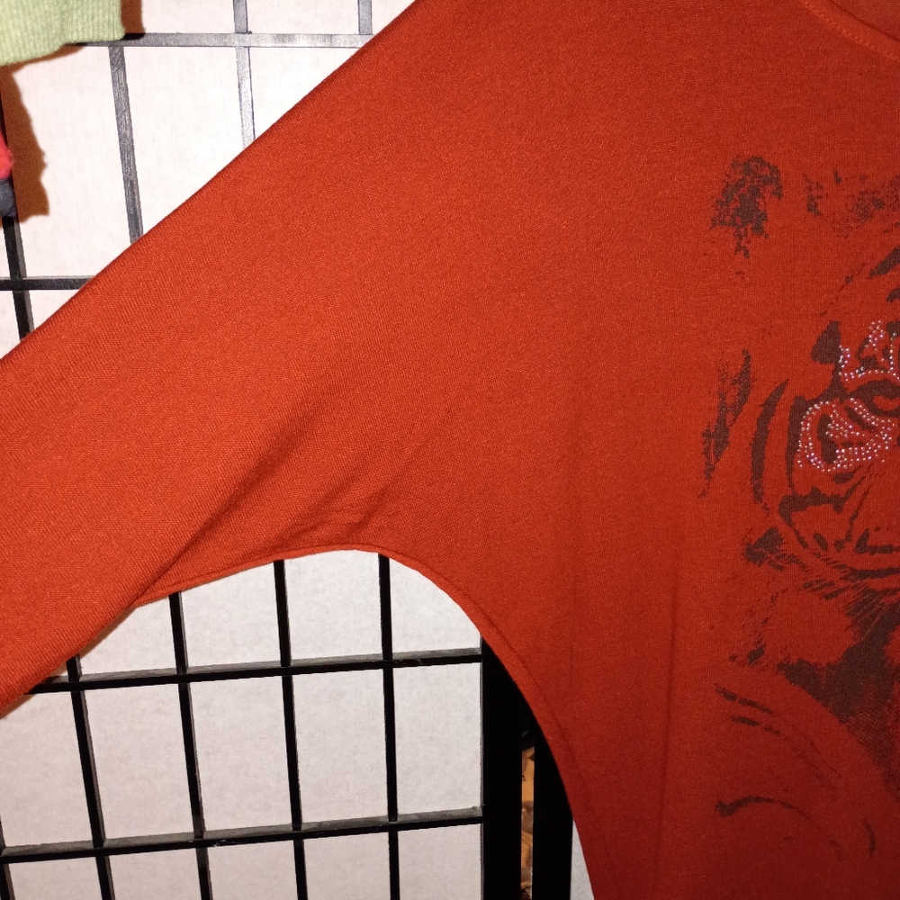Dark Orange Tiger Studded Graphic Women's Tunic Studded Top - Picture 8 of 14